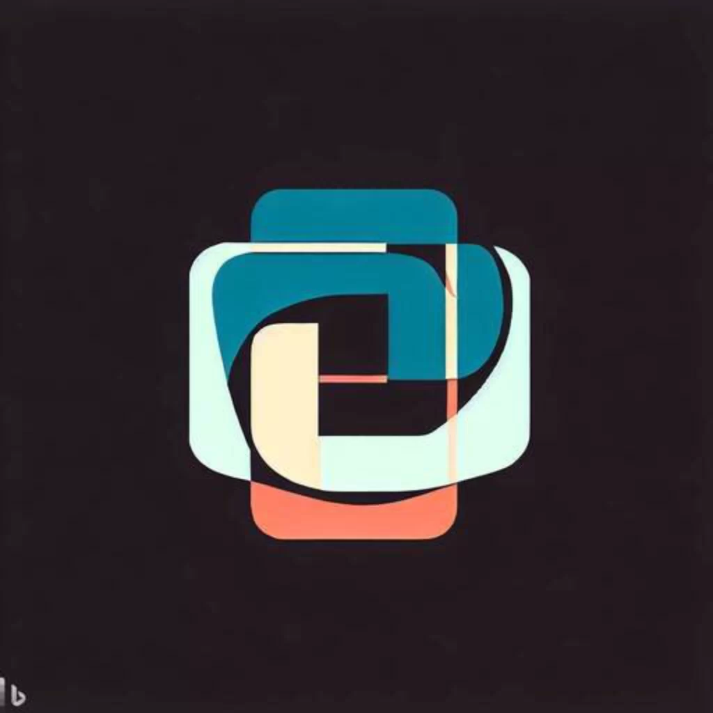 A digital image of an abstract design made up of squares and rectangles in blue, orange, and peach colors on a black background.